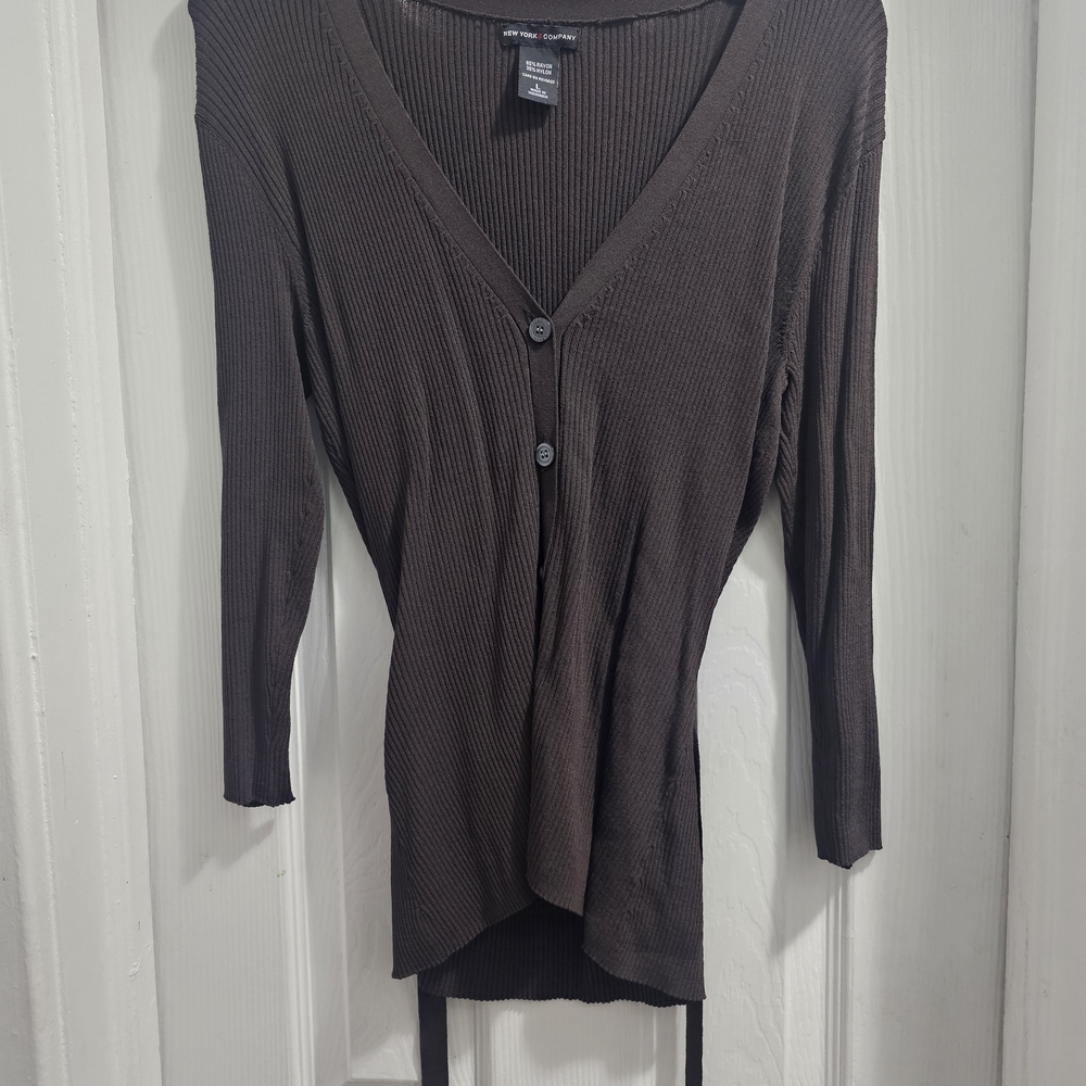 New York & Company Dark Brown Button Down V-Neck Top